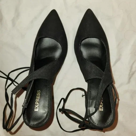Express Black Suede Lace-Up Ankle Tie Stiletto Heels Pumps Size 8 - Picture 3 of 7
